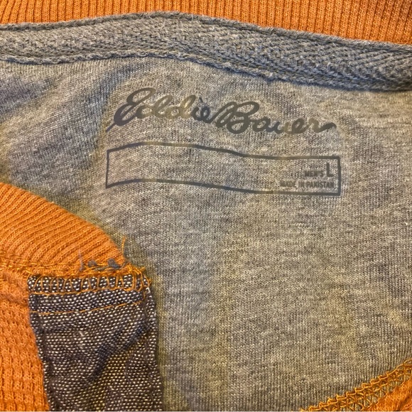 Eddie Bauer Mens L Burnt Orange Mustard Waffle knit 1/4 Button Long Sleeve Shirt - Picture 4 of 10